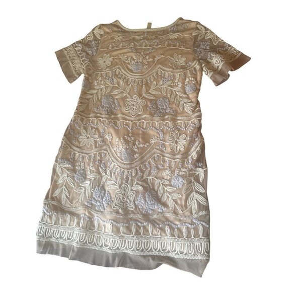 Sundance Beige Tan Embroidered V Neck Short Sleeve Cocktail Dress Size Petite La - Picture 6 of 6